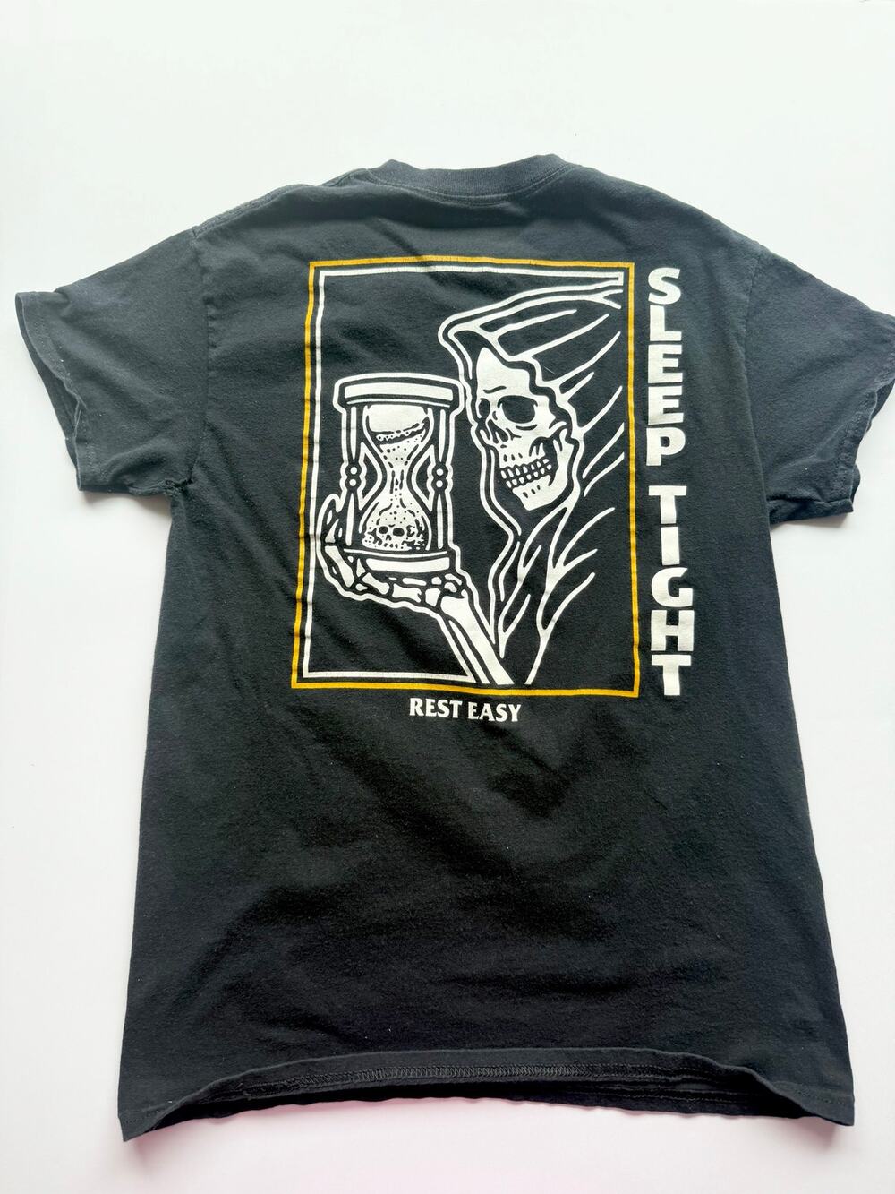 Rest Easy Sleep Tight Grim Reaper Graphic Tee Size S Black Streetwear Skull
